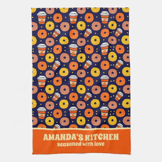 Pumpkin Fall Doughnuts & Coffee Thanksgiving Blue Tea Towel (Vertical)