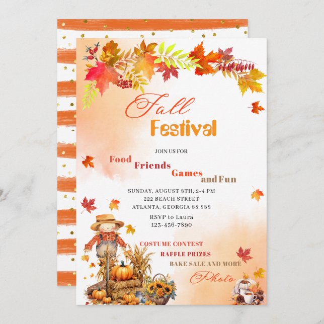 Pumpkin Fall Festival Watercolor Invitation (Front/Back)