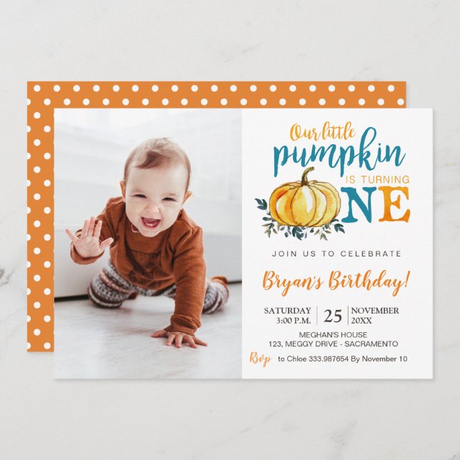 Pumpkin Fall First Birthday invitation photography (Front/Back)