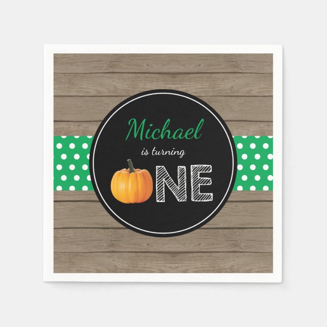 Pumpkin Fall First Birthday Party Green Napkin (Front)