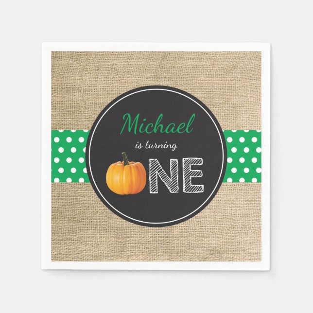 Pumpkin Fall First Birthday Party Green Napkin (Front)