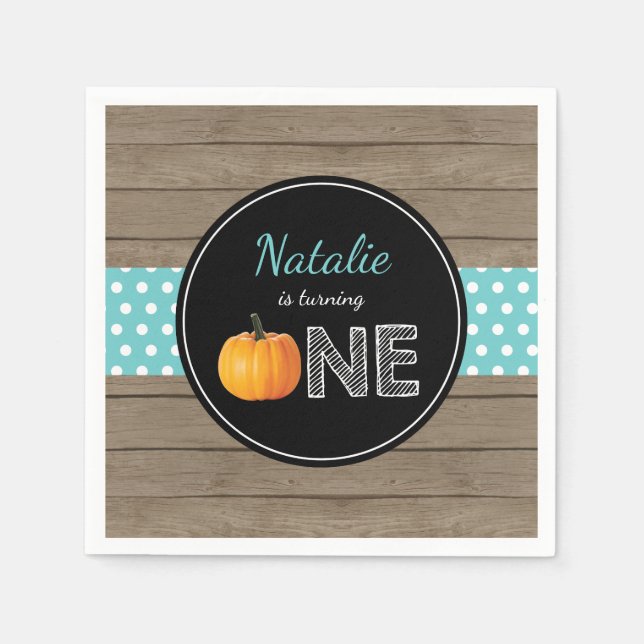Pumpkin Fall First Birthday Party Teal Turquoise Napkin (Front)