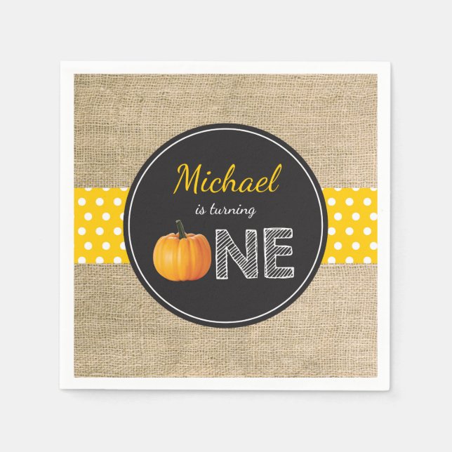 Pumpkin Fall First Birthday Party Yellow Napkin (Front)