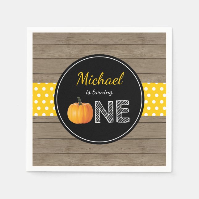 Pumpkin Fall First Birthday Party Yellow Napkin (Front)