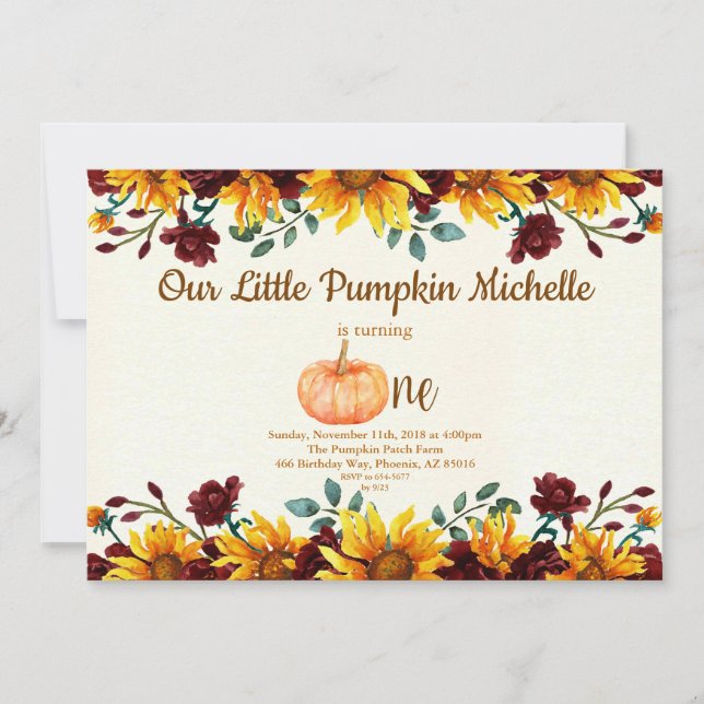 Pumpkin Fall First Sunflower Burgundy Birthday Invitation (Front)