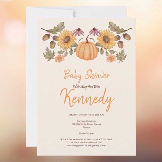 Pumpkin Fall Floral Autumn Baby Shower Invitation (Baby Shower to Honor A Mom To Be. Fall Autumn Pumpkin. Floral sunflowers.)