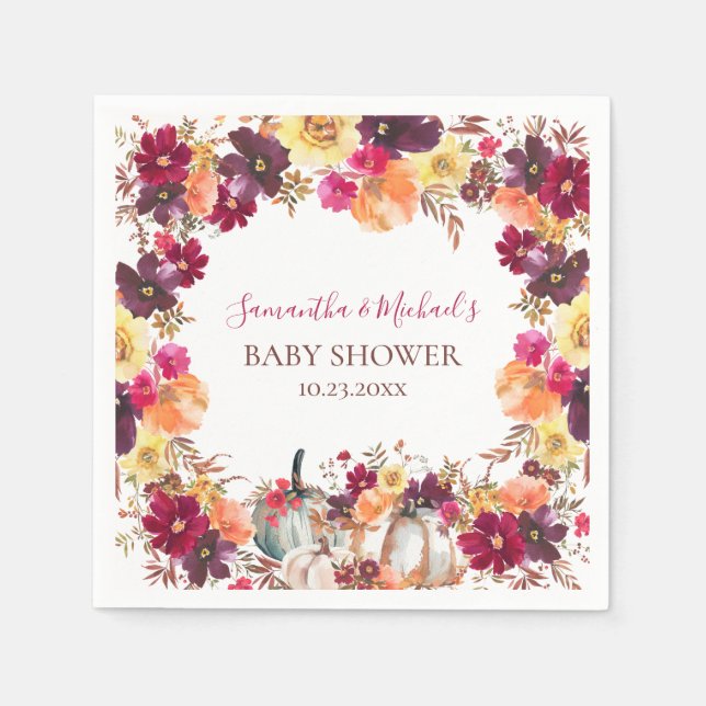 Pumpkin Fall Floral Baby Shower Napkin (Front)