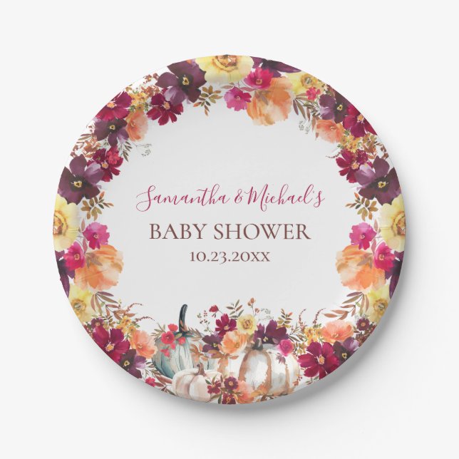 Pumpkin Fall Floral Baby Shower Paper Plate (Front)