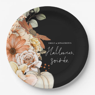 Pumpkin Fall Florals Script Halloween Soirée Black Paper Plate