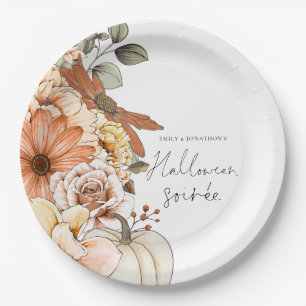 Pumpkin Fall Florals Script Halloween Soirée  Paper Plate