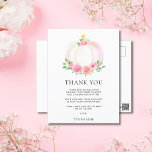Pumpkin Fall Girl's Baby Shower Thank You Postcard<br><div class="desc">Thank your family and friends for their thoughtful gifts and for attending your baby girl's shower with this pretty thank-you postcard.
It is decorated with a lovely watercolor of a pink pumpkin,  roses,  and green foliage.
Easily customised.
Original Watercolor © Michele Davies.</div>