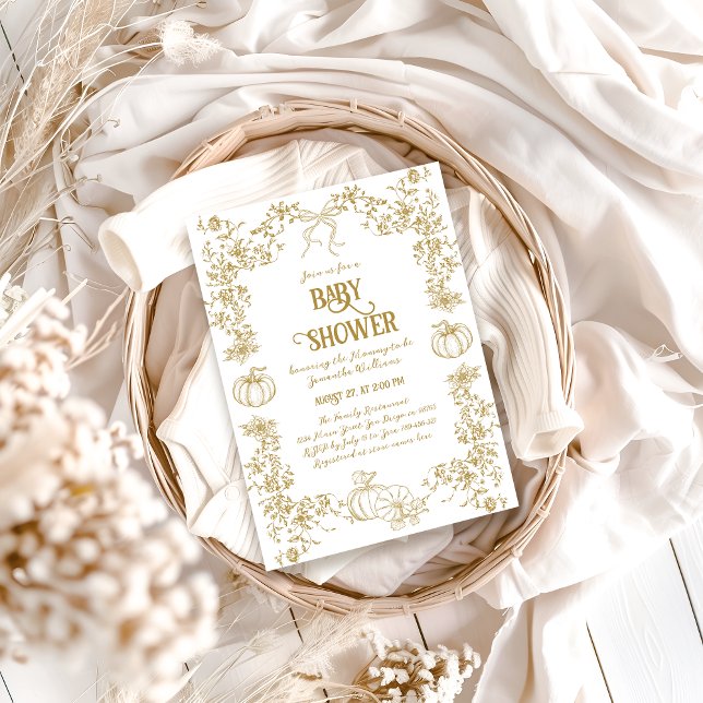 Pumpkin Fall Gold Whimsical Floral Baby Shower Invitation (Creator Uploaded)