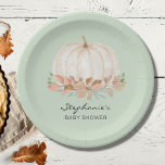 Pumpkin Fall Green Baby Shower  Paper Plate<br><div class="desc">This cute fall baby shower paper plate features a watercolor white pumpkin and foliage on a soft pastel green background. Perfect for a gender-neutral baby shower. Easily customisable. Because we create our artwork you won't find this exact image from other designers. Original Watercolor © Michele Davies.</div>