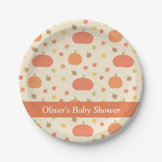Pumpkin Fall Leaves Pattern Baby Shower Plates (Front)