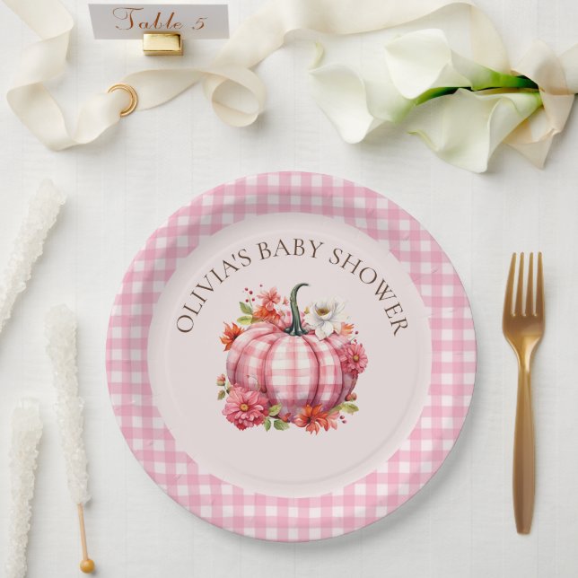 Pumpkin Fall Pink Gingham Baby Shower Paper Plates (Wedding)