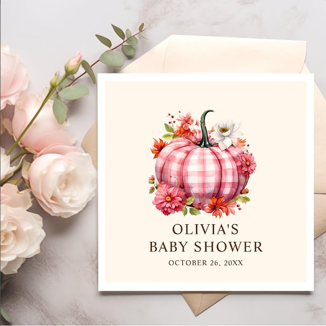 Pumpkin Fall Pink Plaid Baby Shower Napkin (Creator Uploaded)