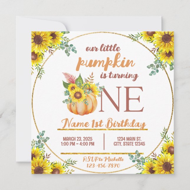 Pumpkin Fall Sunflower First Birthday Invitation (Front)