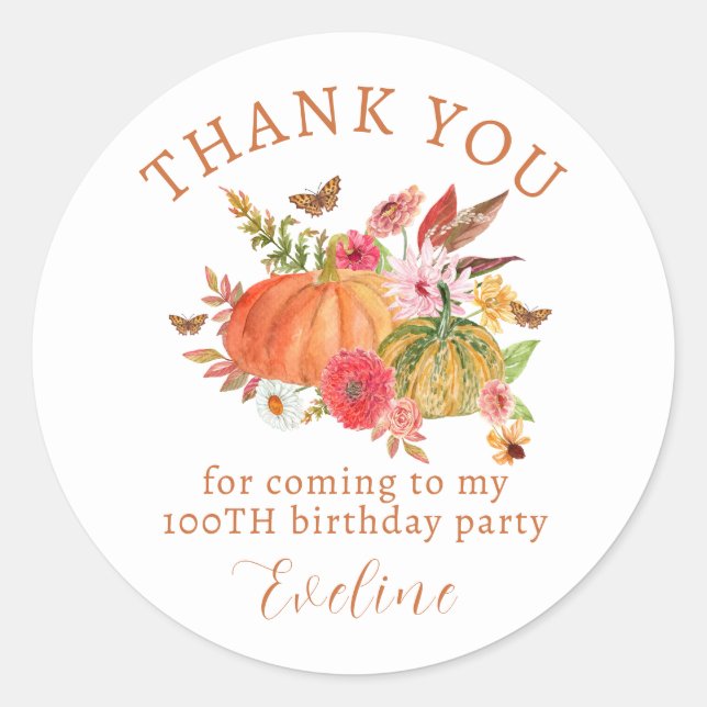 Pumpkin Fall Wildflower Floral 100th Birthday Classic Round Sticker (Front)