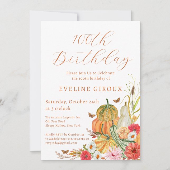 Pumpkin Fall Wildflower Floral 100th Birthday Invitation (Front)
