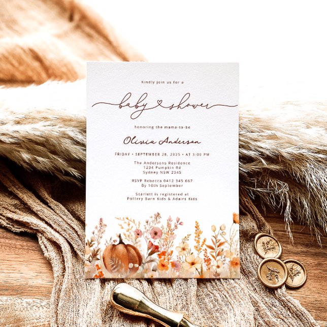 Pumpkin Fall Wildflowers Meadow Baby Shower Invitation (Creator Uploaded)