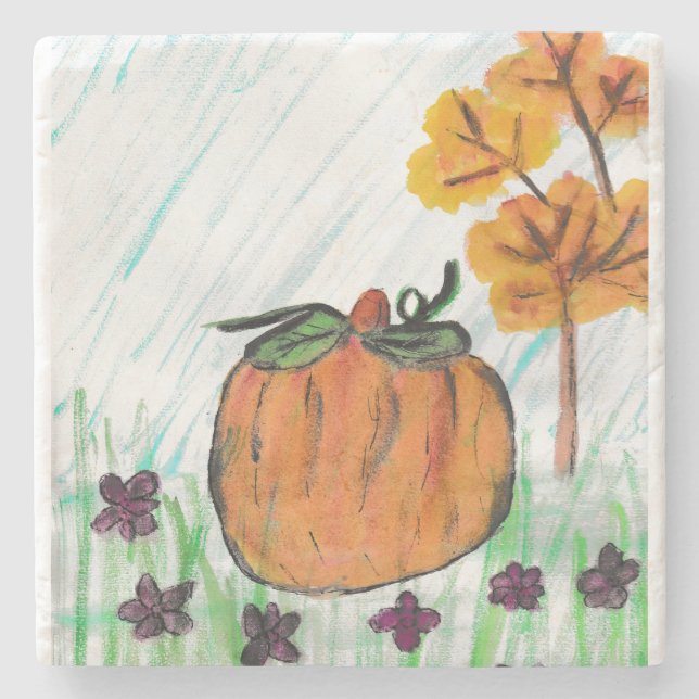 Pumpkin Fall with Purple Flowers  Stone Coaster (Front)