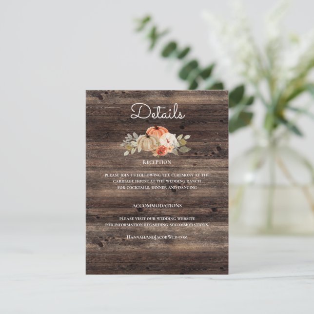 Pumpkin Fall Wood Rustic Wedding Details Enclosure Card (Standing Front)