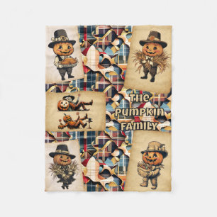 Pumpkin Family Pilgrims Plaid Fleece Blanket