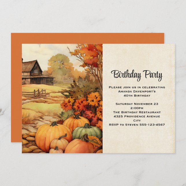Pumpkin Farm Fall Harvest Autumn Birthday Invitation (Front/Back)