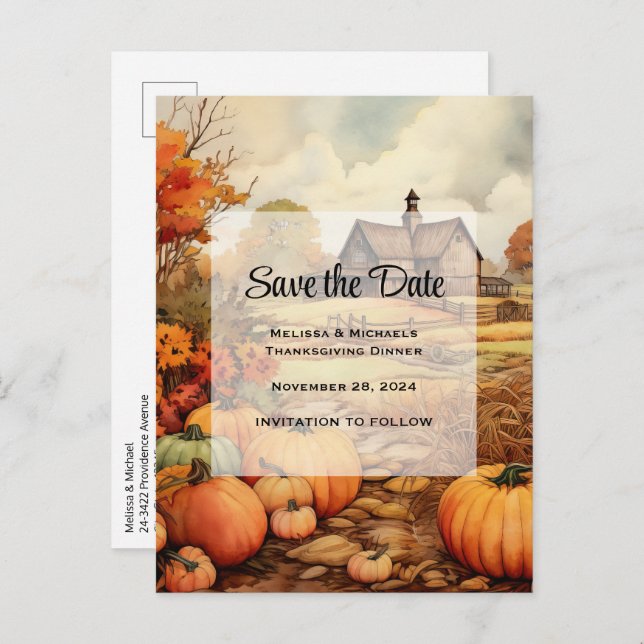 Pumpkin Farm Fall Harvest Thanksgiving Announcement Postcard (Front/Back)