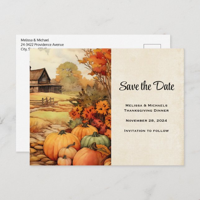 Pumpkin Farm Fall Harvest Thanksgiving Announcement Postcard (Front/Back)