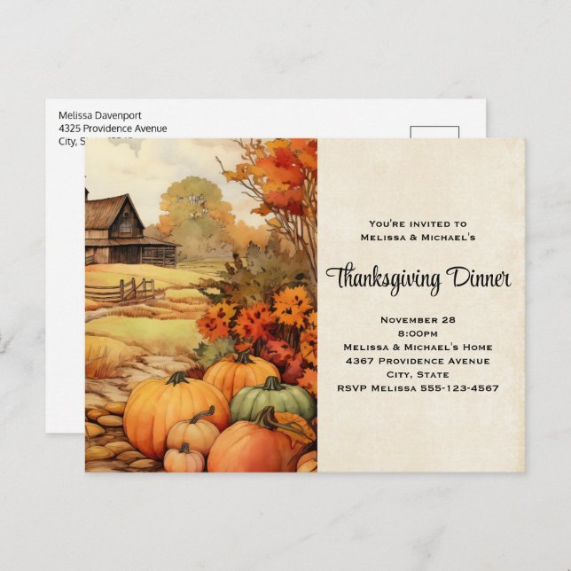 Pumpkin Farm Fall Harvest Thanksgiving Invitation Postcard (Front/Back)