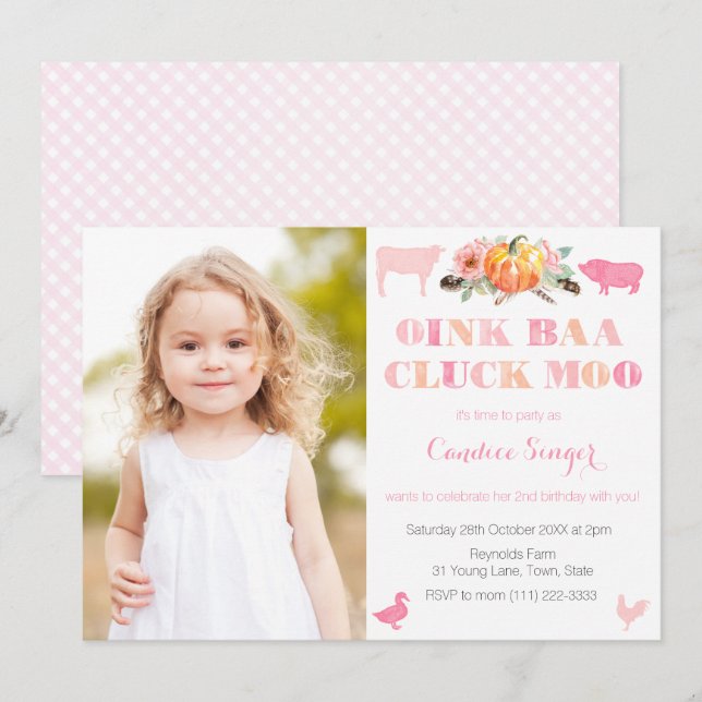 Pumpkin Farm or Petting Zoo Girl Birthday Party Invitation (Front/Back)