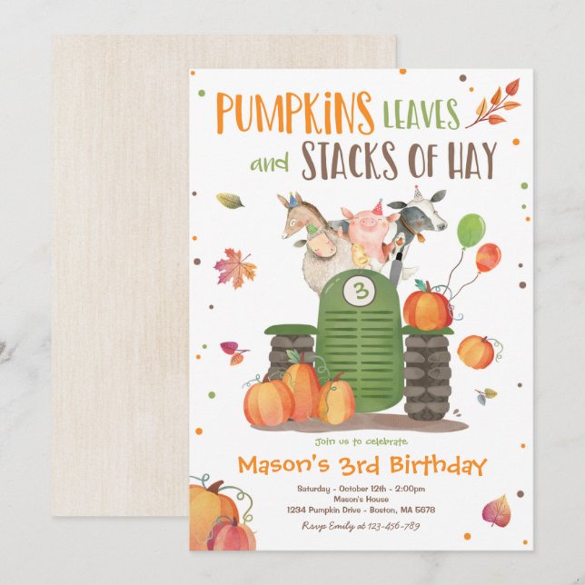 Pumpkin Farm Party Pumpkin Tractor Birthday Party Invitation (Front/Back)