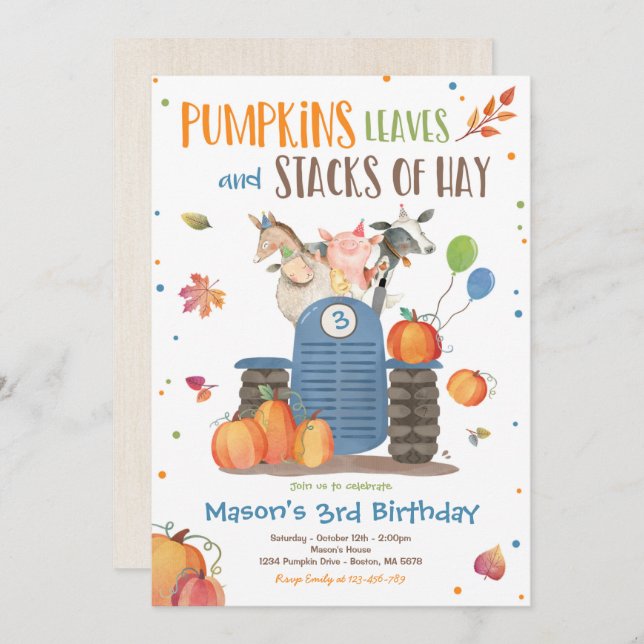 Pumpkin Farm Party Pumpkin Tractor Birthday Party Invitation (Front/Back)