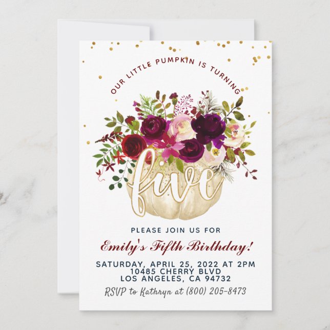 Pumpkin Fifth Birthday Invitation (Front)