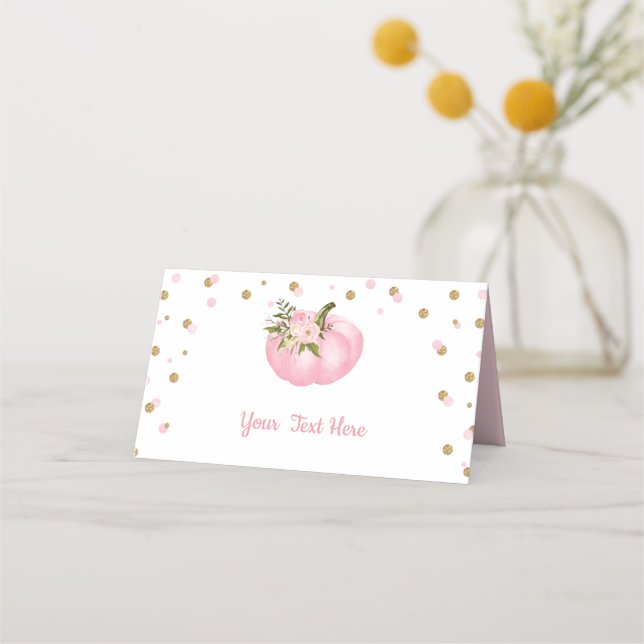 Pumpkin First 1st Birthday Pink & Gold Baby Shower Place Card (Front)