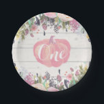 Pumpkin First Birthday Floral Gold Paper Plates<br><div class="desc">Pumpkin Fall First Birthday Party Paper Plates. Watercolor Floral Flowers Rustic Wood Background.</div>