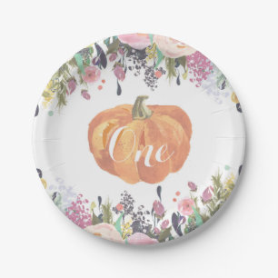 Pumpkin First Birthday Floral Gold Paper Plates