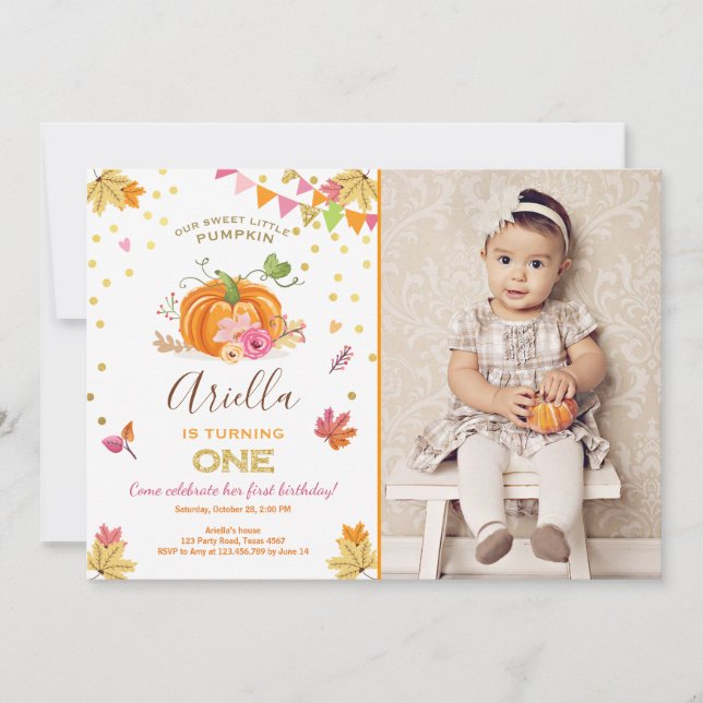 Pumpkin First birthday invitation Autumn Fall Pink (Front)