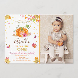 Pumpkin First birthday invitation Autumn Fall Pink