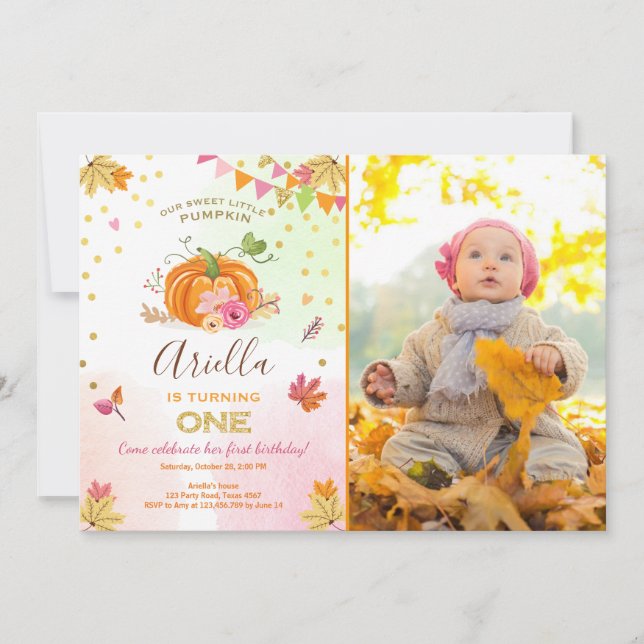 Pumpkin First birthday invitation Autumn Fall Pink (Front)