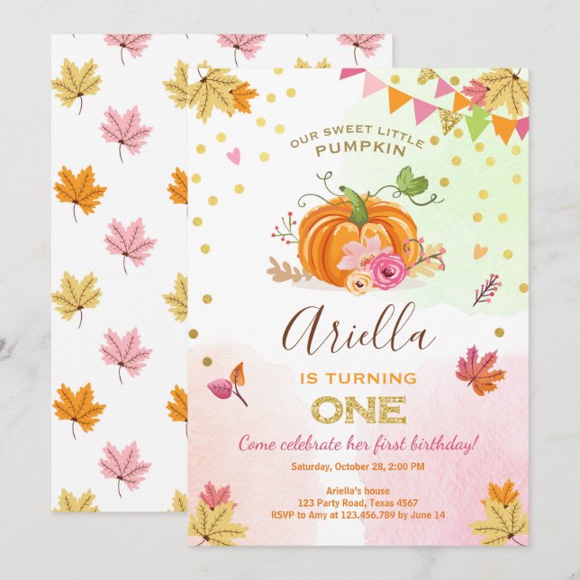 Pumpkin First birthday invitation Autumn Fall Pink (Front/Back)