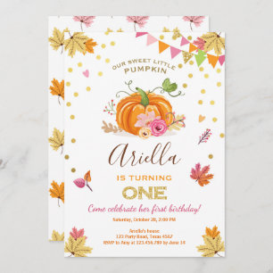 Pumpkin First birthday invitation Autumn Fall Pink
