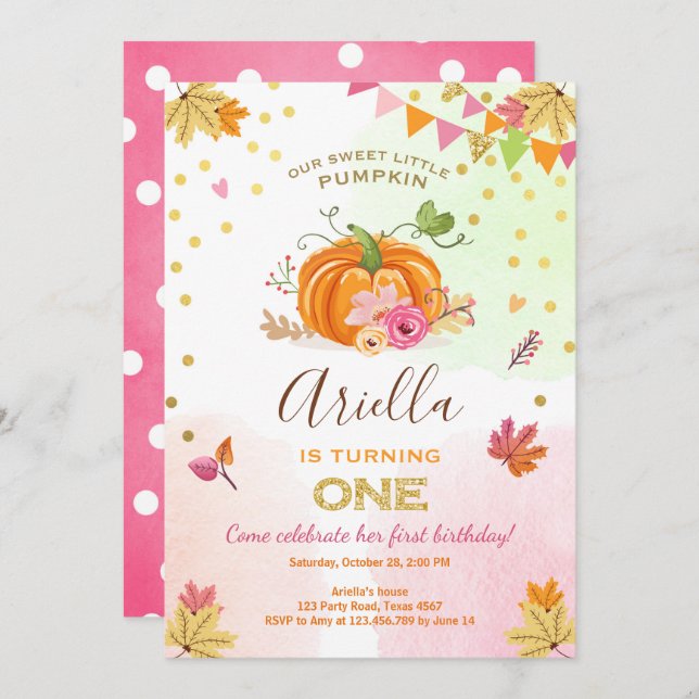 Pumpkin First birthday invitation Autumn Fall Pink (Front/Back)