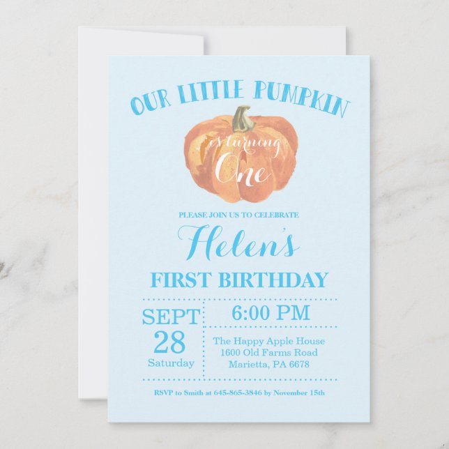 Pumpkin First Birthday Invitation Blue (Front)