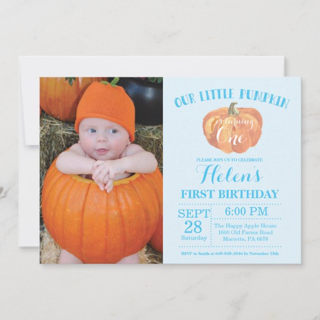 Pumpkin First Birthday Invitation Blue (Front)