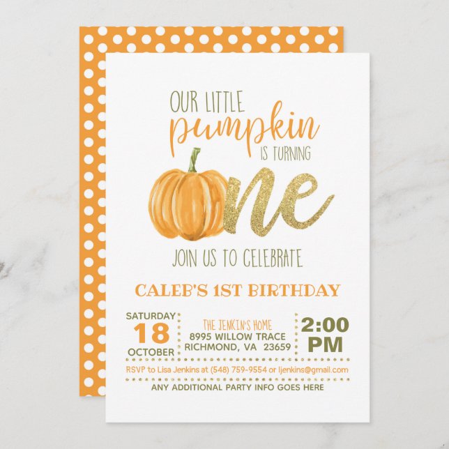 Pumpkin First Birthday Invitation - Boy #2 (Front/Back)