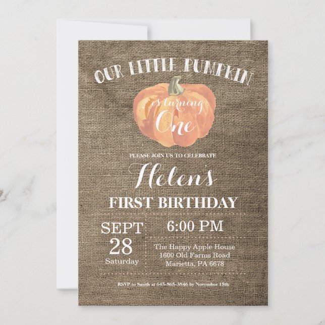 Pumpkin First Birthday Invitation Burlap (Front)