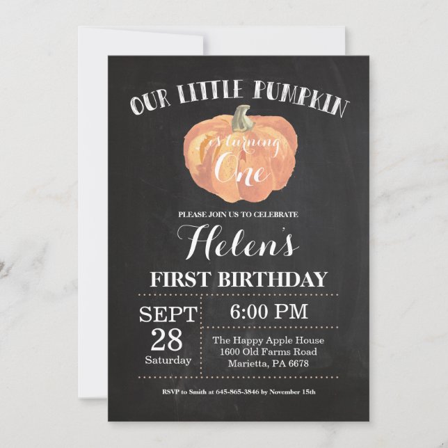 Pumpkin First Birthday Invitation Chalkboard (Front)