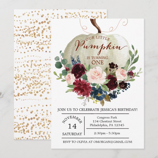 Pumpkin First Birthday Invitation - Fall Birthday (Front/Back)